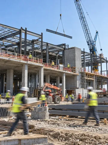 Construction workers in motion on an active commercial building site