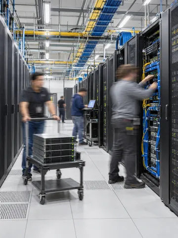 Technicians racking and cabling equipment in an active data center
