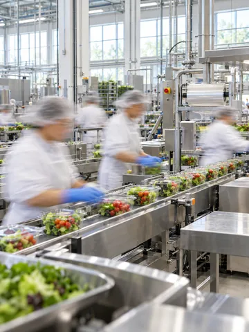 Workers packaging fresh food on an active production line