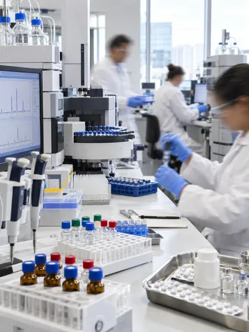 Scientists working in a pharmaceutical research and quality-control lab