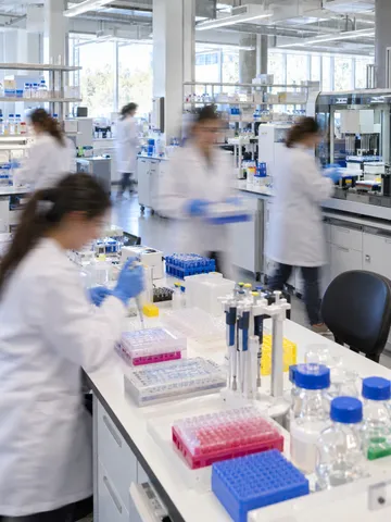 Lab technicians working at bench stations in a biotech research lab