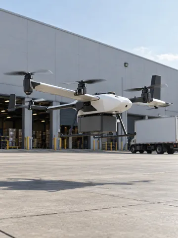 An autonomous delivery drone and truck at a distribution center