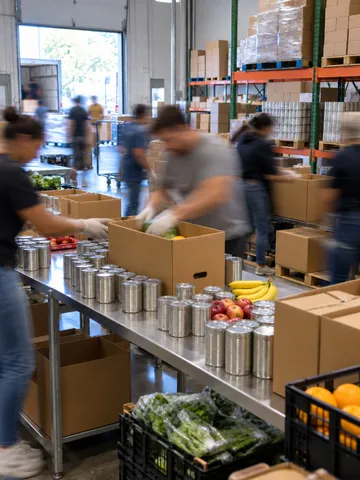 Volunteers and staff coordinating community food-bank operations