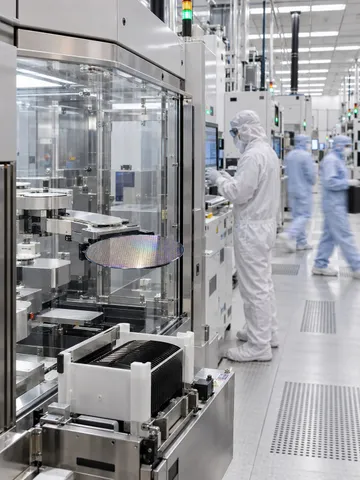 Technicians working in a semiconductor fabrication cleanroom