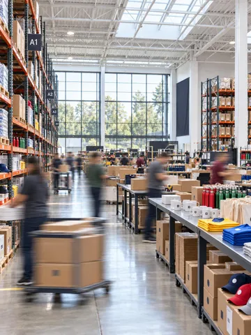 Warehouse staff packing branded merchandise orders