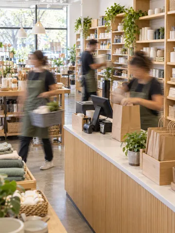 Retail staff in motion at a store checkout counter