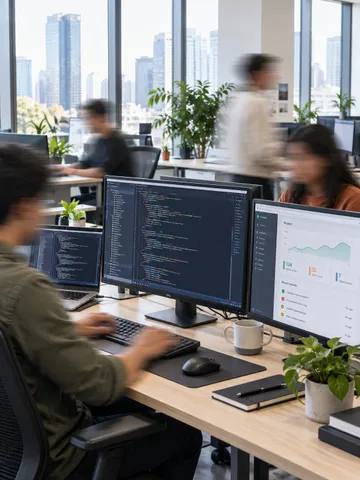 A software engineer working at a multi-monitor desk