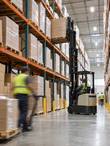 Warehouse staff picking and receiving inventory across structured pallet racking